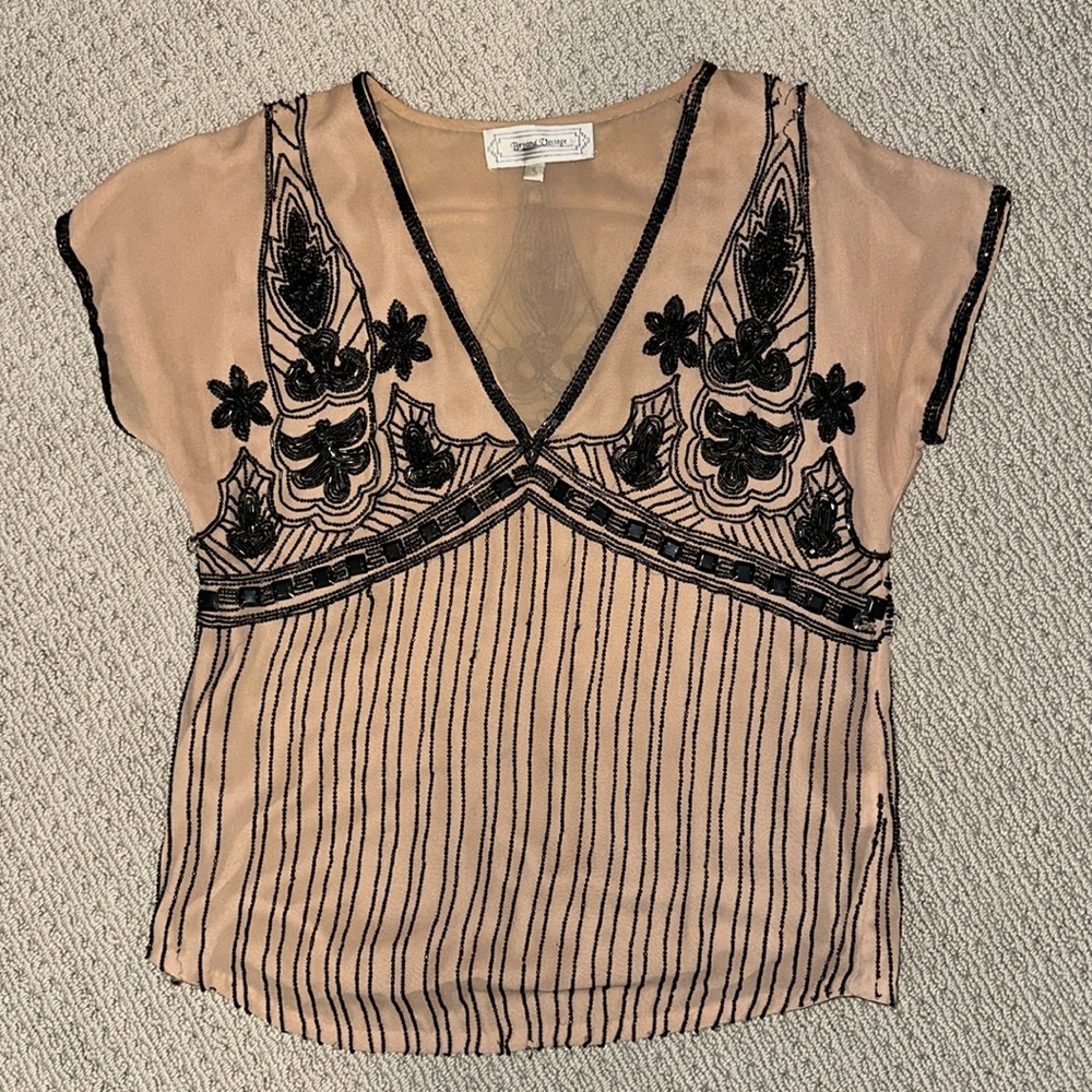 Beyond Vintage Black Beaded Silk Blouse Short Sleeve V Neck Dressy Holiday Top S